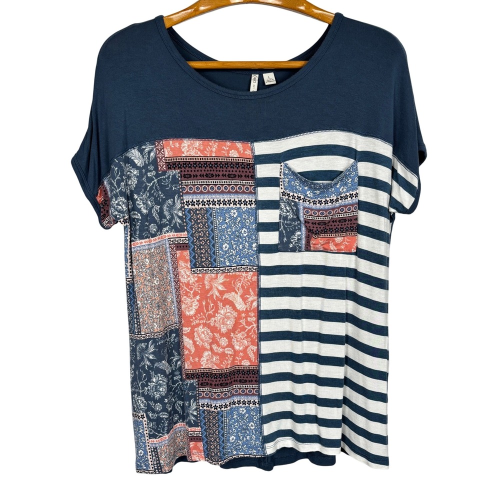 Cato Patchwork Top Womens L Teal Blue Boho Mixed Print Pocket